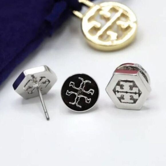 NWOT Tory Burch Silver Hexagon Stud Earrings - Picture 6 of 6